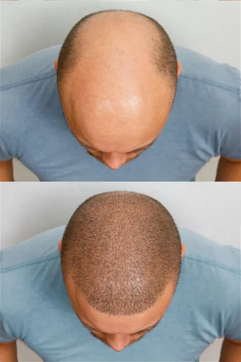vedere de sus a scalpului înainte și după transplantul de păr